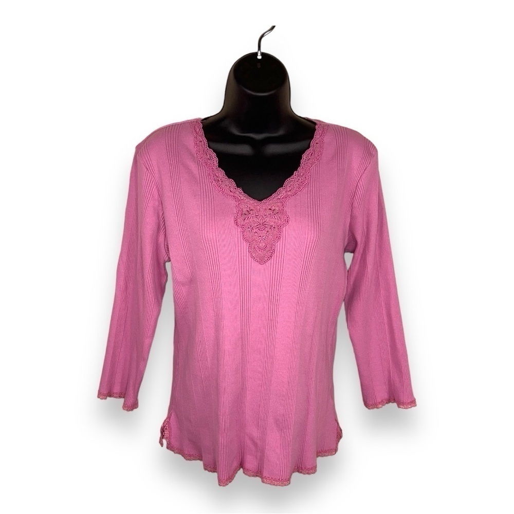 LARGE VINTAGE FADED GLORY PINK RIBBED 90s TOP LACE ACCENT STRETCH